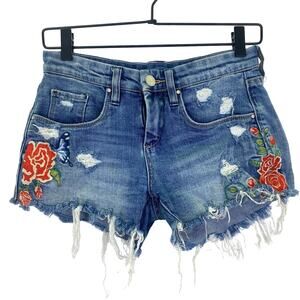 BLANK NYC Wild Child Distressed Denim Hiker Shorts Sz 24 Embroidered Roses Boho